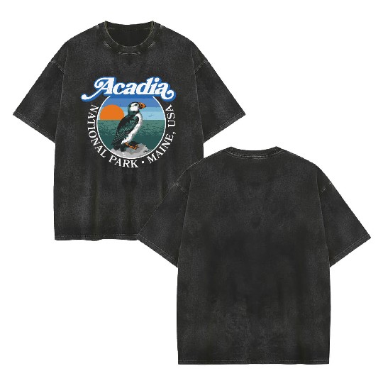 Retro Acadia National Park Vintage Maine Puffin Double Sided Mineral Wash T Shirts