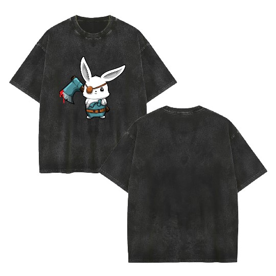 Killer Bunny With Axe Halloween Horror Double Sided Mineral Wash T Shirts