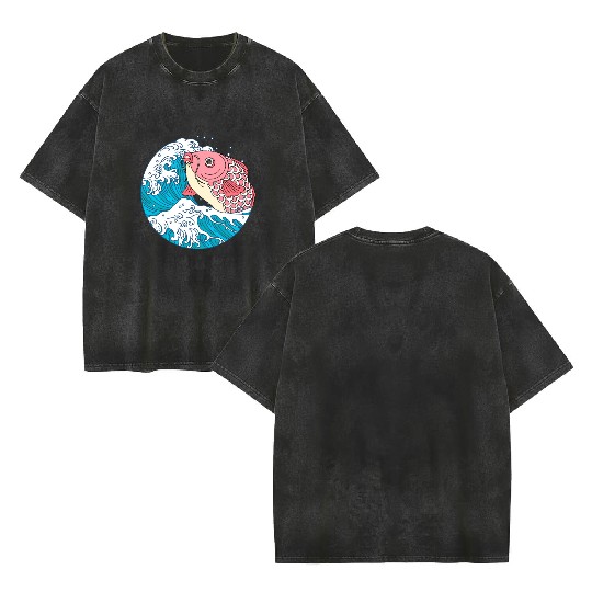 Japanese Koi Fish Great Kanagawa Wave Double Sided Mineral Wash T Shirts