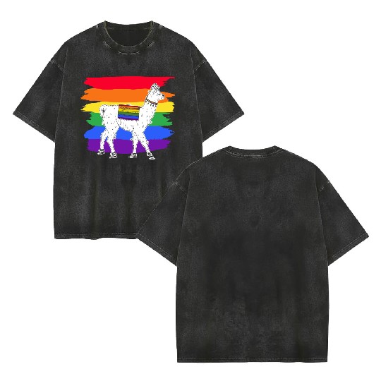 LGBTQ Llama Alpaca Women Gay Lesbian Llama Double Sided Mineral Wash T Shirts