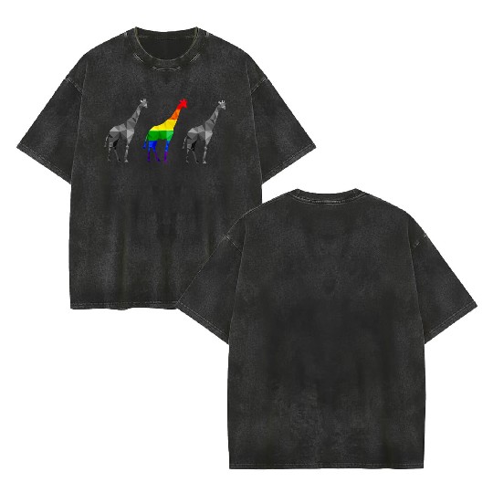 Giraffe LGBTQ Gay Pride Rainbow Flag Double Sided Mineral Wash T Shirts