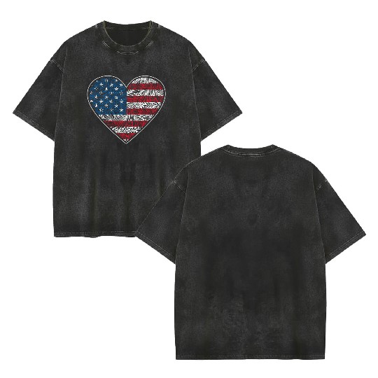 US Patriotic Heart with US FLAG 4th of july Double Sided Mineral Wash T Shirts