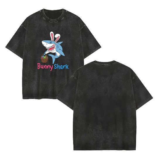Bunny Shark Easter Sunday Egg Hunting Holiday Gift Double Sided Mineral Wash T Shirts