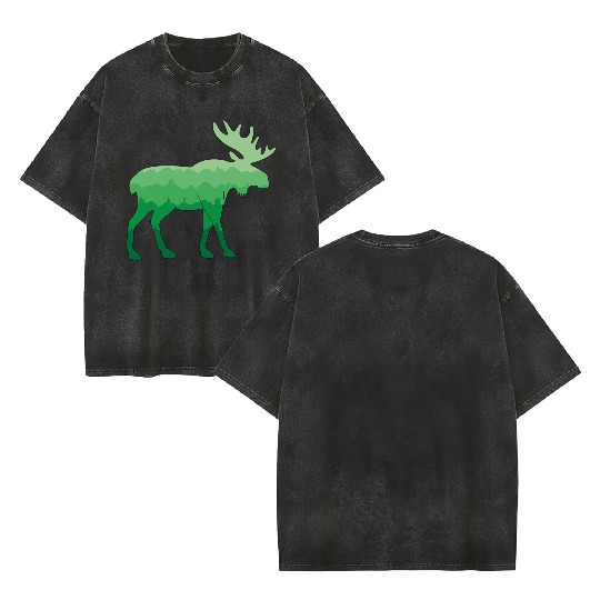 Moose and Mountain Biker (Green) Double Sided Mineral Wash T Shirts
