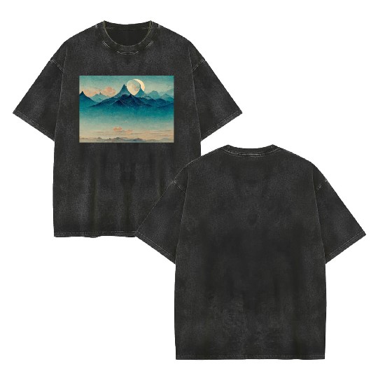 Blue Mountains Landscape Painting Double Sided Mineral Wash T Shirts