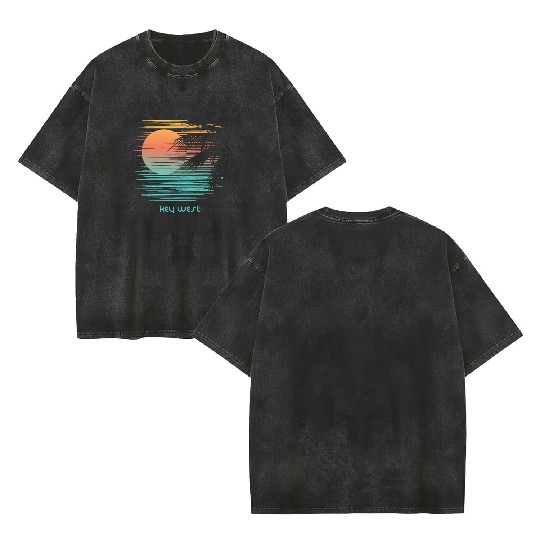 Artistic Key West Florida Palm Tree Vacation Double Sided Mineral Wash T Shirts