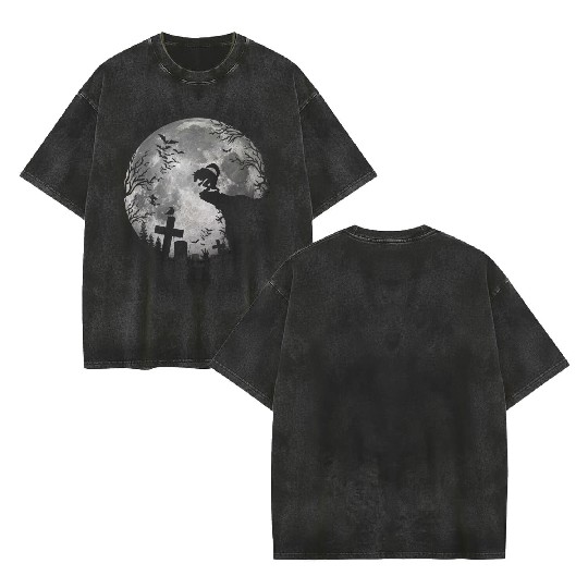 Halloween Werewolf Full Moon Bats and Black trick Double Sided Mineral Wash T Shirts