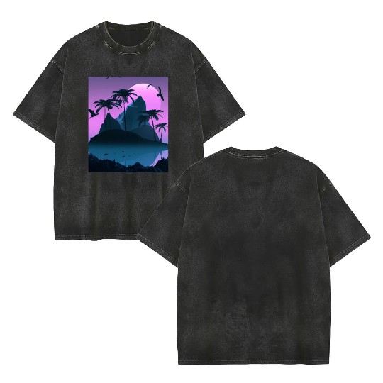 Vaporwave Aesthetic Tropic Island With Palms Double Sided Mineral Wash T Shirts