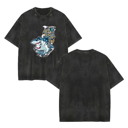 Cat Samurai Riding On Shark Double Sided Mineral Wash T Shirts