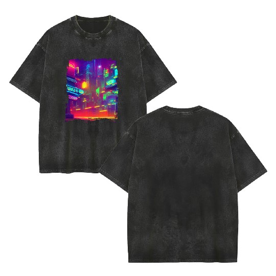 Cool Japanese World Japan Neon City Double Sided Mineral Wash T Shirts