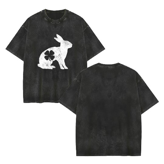 St Patrick's Day Rabbit Bunny Irish Green Shamrock Double Sided Mineral Wash T Shirts