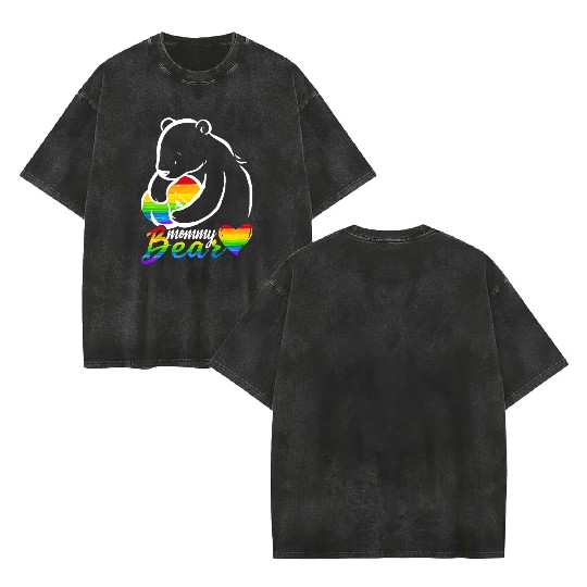 Women Mommy Bear Rainbow Flag Pride Gay LGBT Double Sided Mineral Wash T Shirts