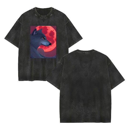 A Grey Wolf Staring at a Blood Moon Double Sided Mineral Wash T Shirts