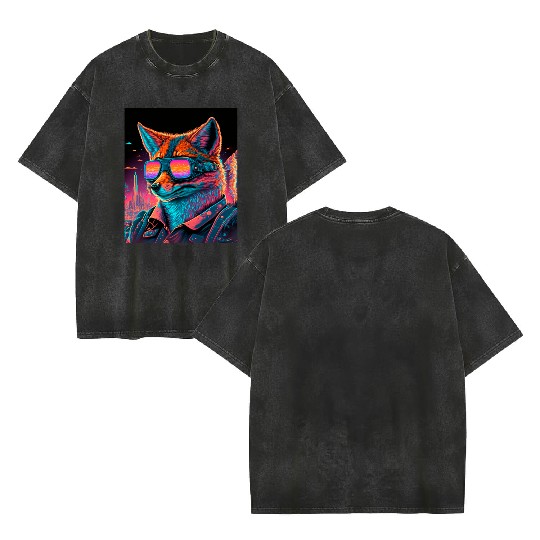Retro Futuristic Synthwave Fox Double Sided Mineral Wash T Shirts