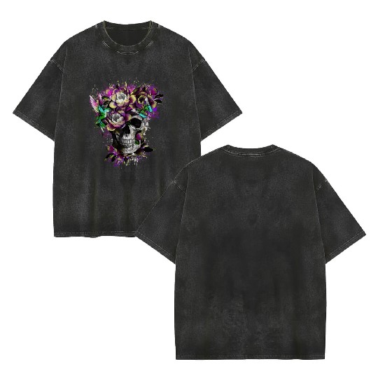 Flower Skull Streetwear Double Sided Mineral Wash T Shirts