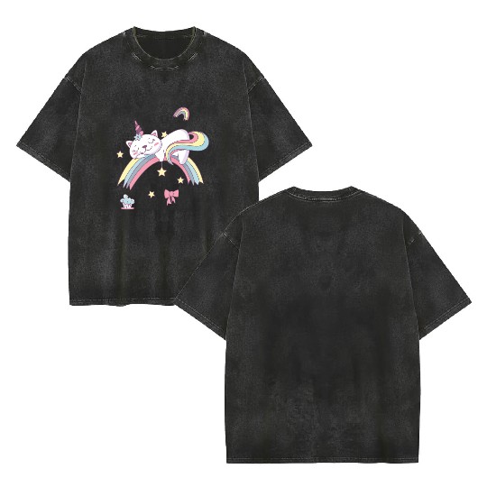 Unicorn Kawaii Cat Cartoon Over Rainbow Double Sided Mineral Wash T Shirts