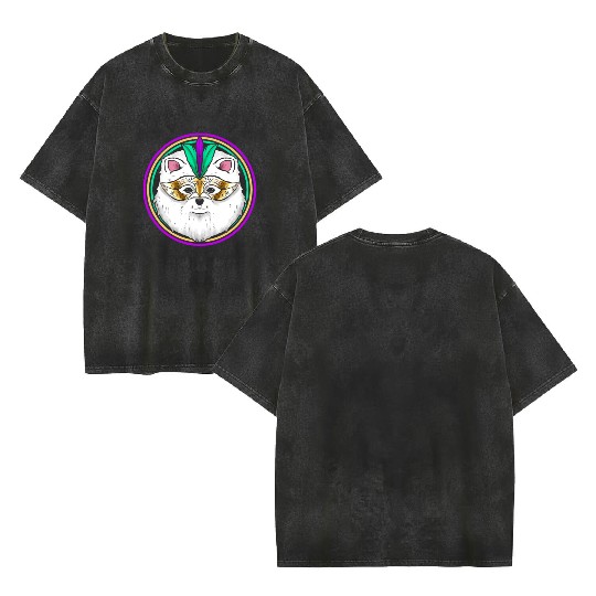 Pomeranian Or Samoyed Dog With Mask For Mardi Gras Double Sided Mineral Wash T Shirts