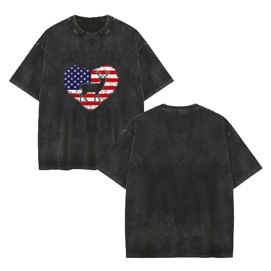 Vintage Deer Animal Lover American Flag Valentine Double Sided Mineral Wash T Shirts