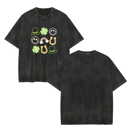 Retro St Patricks Day Women Shamrock Vintage St Double Sided Mineral Wash T Shirts