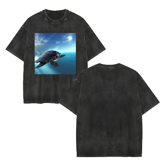 Turtle swimming in the blue ocean print Double Sided Mineral Wash T Shirts