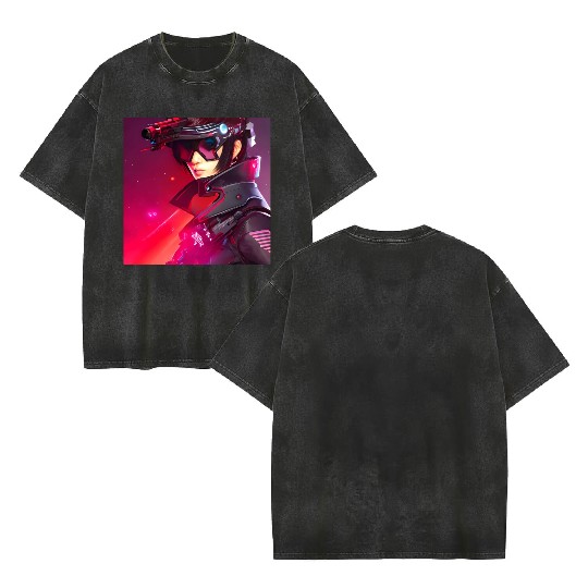 Cyberpunk Girl red Neon light Double Sided Mineral Wash T Shirts