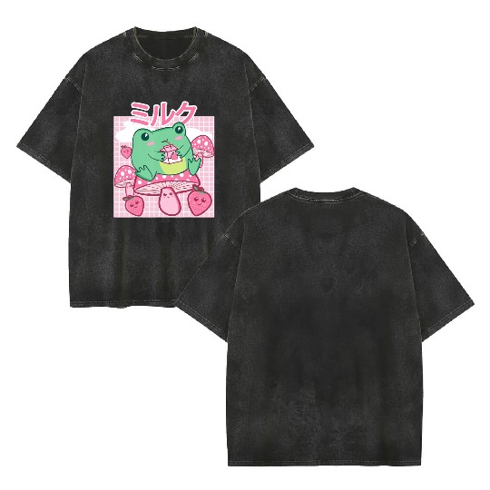 Cottagecore Aesthetic Kawaii Frog Drinking Japanes Double Sided Mineral Wash T Shirts