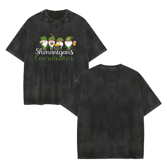Shenanigans Coordinator St Patricks Day Gnomes Double Sided Mineral Wash T Shirts