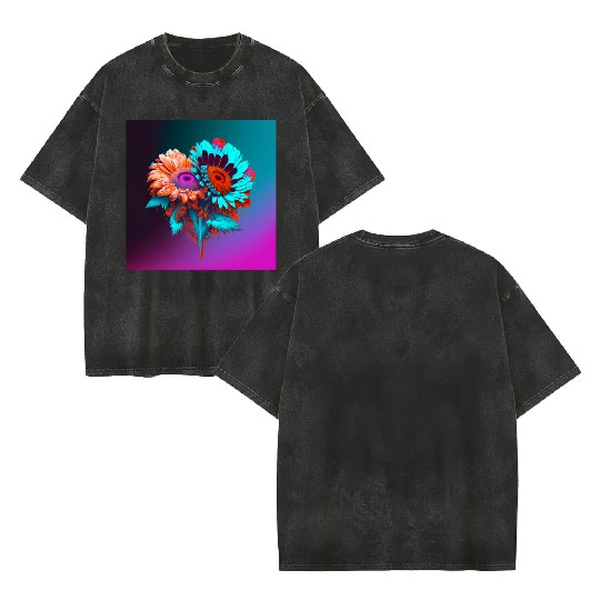 Blue and Orange Love Blooms Double Sided Mineral Wash T Shirts