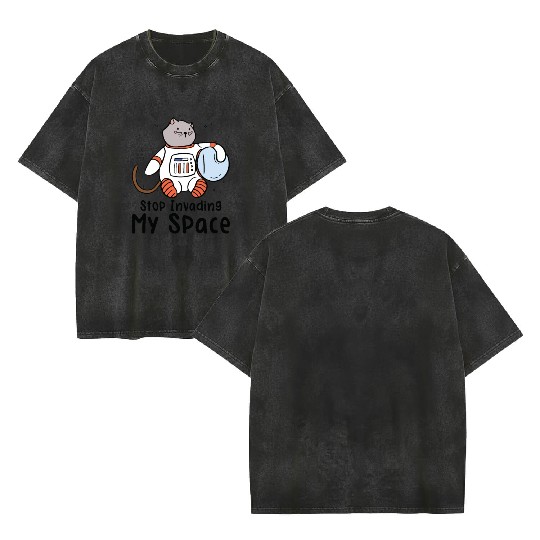 Space Purring Cat Astronaut Cat Lover Spaceship Double Sided Mineral Wash T Shirts