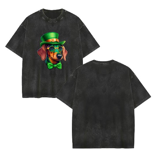 St. Patricks Day Dachshund Wiener Dog Shamrock Double Sided Mineral Wash T Shirts
