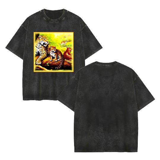 Jaguar Mom and Cubs Relaxing in Jungle. Buy Now Double Sided Mineral Wash T Shirts