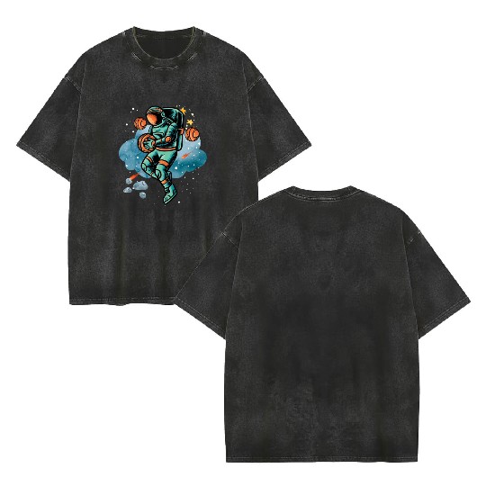 Blue and Orange Illustrated Astronaut Galaxy Double Sided Mineral Wash T Shirts