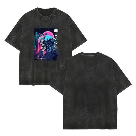 Edgy Gothic Skull Anime Sad Boy Japanese Futurism Double Sided Mineral Wash T Shirts