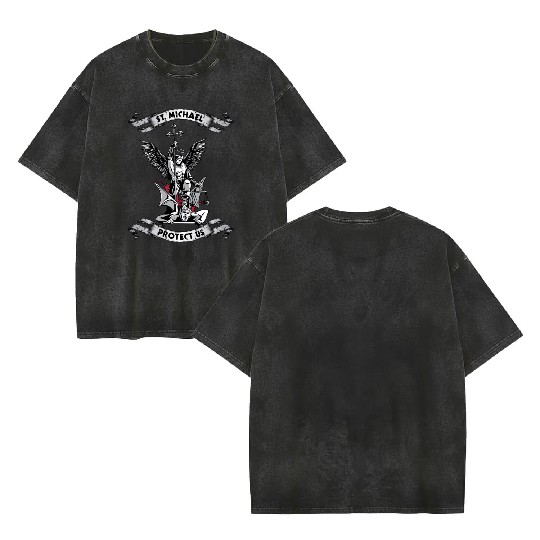 Archangel Saint Michael Protect Us Defend Us Long Double Sided Mineral Wash T Shirts