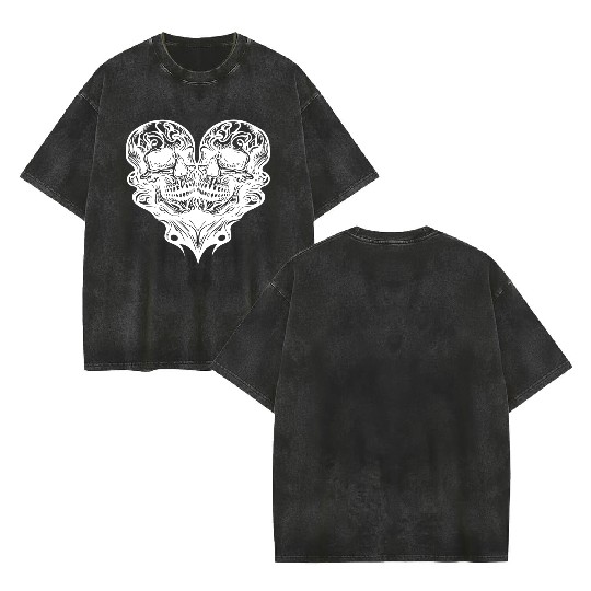 Two Skulls Heart T Tattoo Style Double Sided Mineral Wash T Shirts