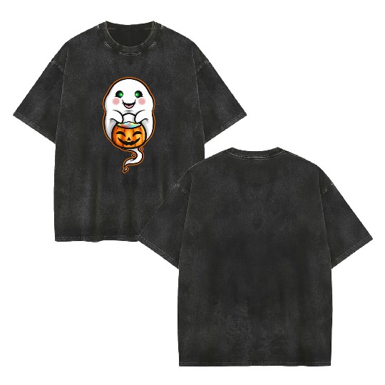Kawaii Ghost Holding Pumpkin Trick Or Treat Bag Double Sided Mineral Wash T Shirts