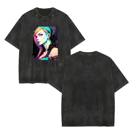 Neon Dreams A Cyberpunk Girl with Orange Teal Hair Double Sided Mineral Wash T Shirts