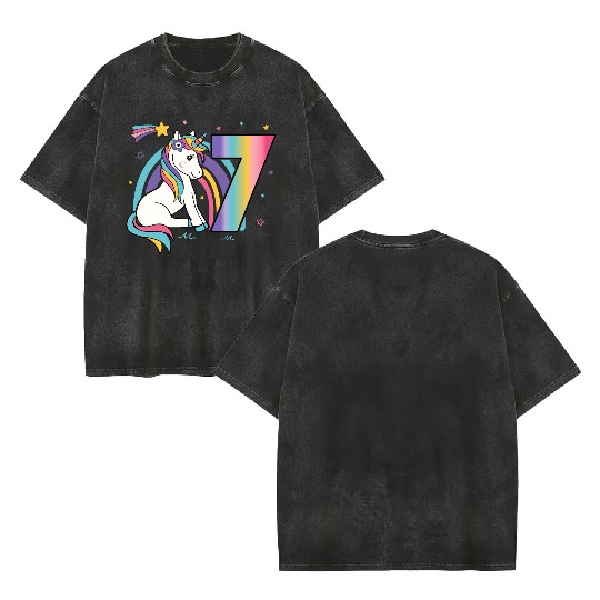 7th birthday Girls Unicorn Double Sided Mineral Wash T Shirts