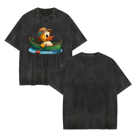 Cute duck in rowboat with summer hat and flower Double Sided Mineral Wash T Shirts