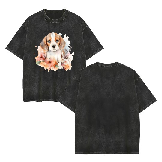 Beagle Puppy Dog Watercolor Floral Double Sided Mineral Wash T Shirts