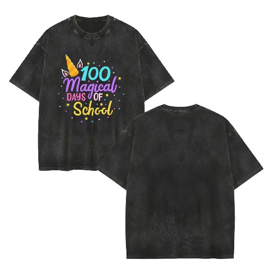 100 Days Of School Unicorn Teacher Student Double Sided Mineral Wash T Shirts