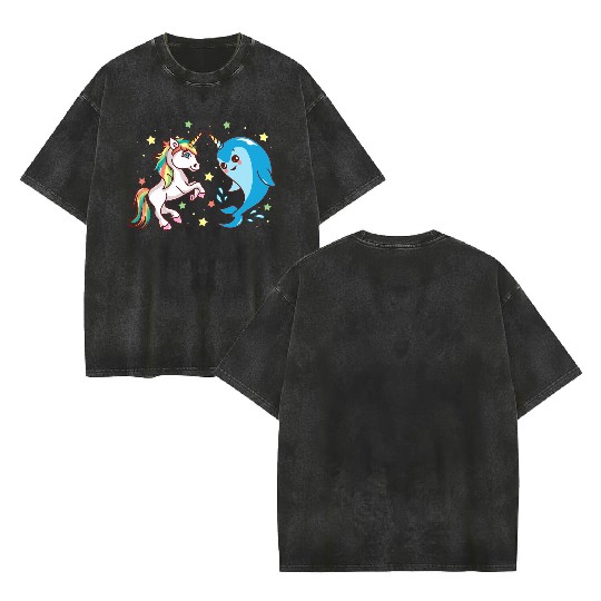 Cute Funny Horned Narwhal And Unicorn Friends Double Sided Mineral Wash T Shirts