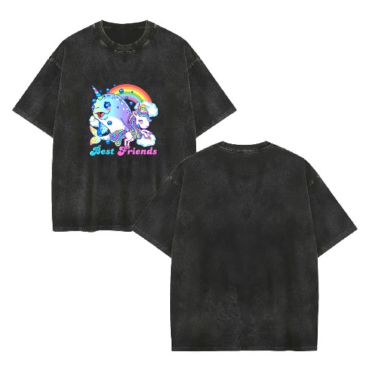 Cute Horned Narwhal And Unicorn Best Friends Double Sided Mineral Wash T Shirts