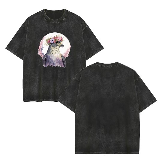 Falcon Birds Of Prey Flower Crown Floral Bird Watc Double Sided Mineral Wash T Shirts