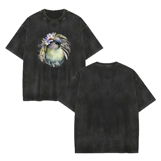 Cute Kiwi Bird Flower Crown Floral Exotic Birds Double Sided Mineral Wash T Shirts