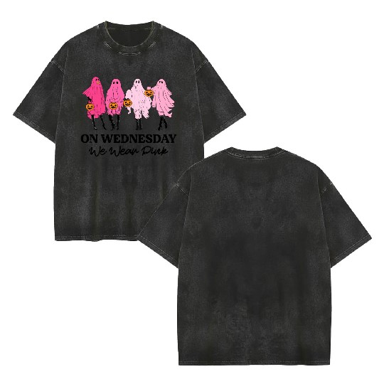 Breast Cancer On Wednesday We Wear Pink Halloween Double Sided Mineral Wash T Shirts