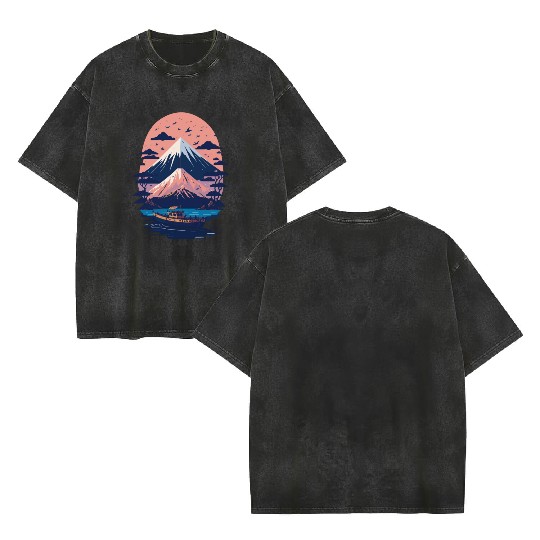 Serene Mount Fuji Sunset Peaceful River Scenery Double Sided Mineral Wash T Shirts