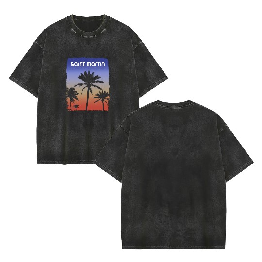 Saint Martin Sunset Vacation Souvenir Palm Tree Double Sided Mineral Wash T Shirts