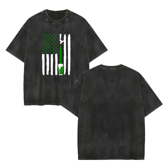 Green St PatricDay Beer American Flag Patriotic Ir Double Sided Mineral Wash T Shirts
