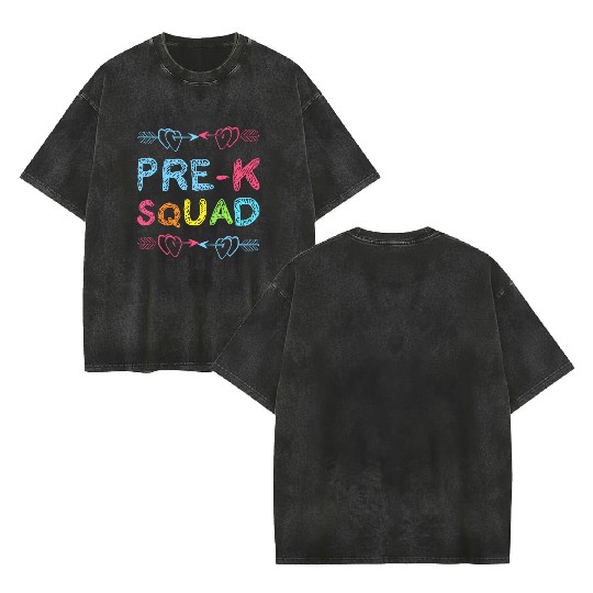 Pre - K Squad Preschool Teacher Back To School Double Sided Mineral Wash T Shirts